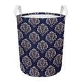 Blue And Brown Damask Pattern Print Round Laundry Basket