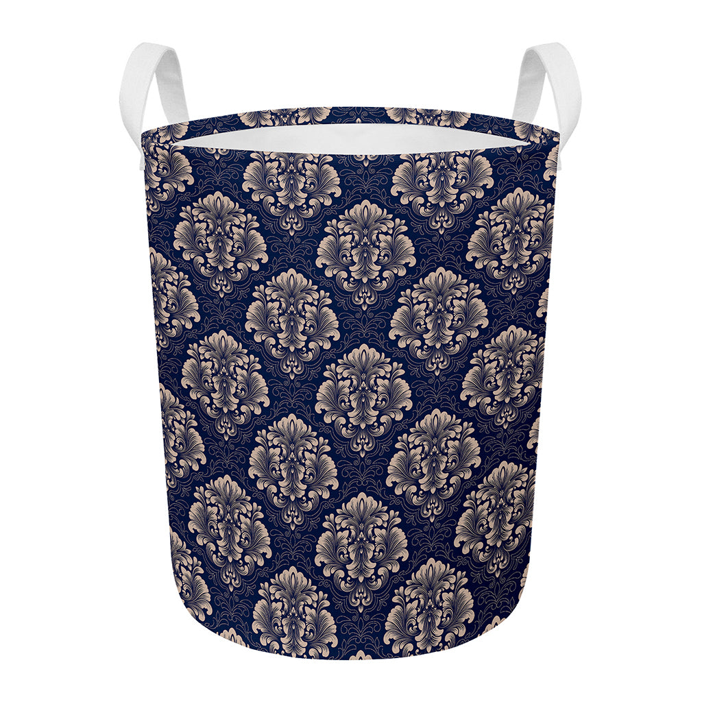 Blue And Brown Damask Pattern Print Round Laundry Basket
