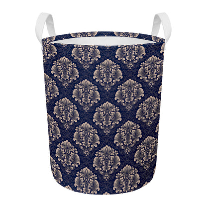 Blue And Brown Damask Pattern Print Round Laundry Basket