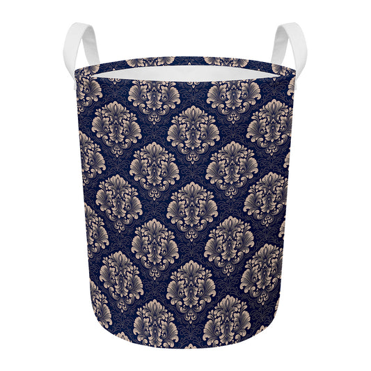 Blue And Brown Damask Pattern Print Round Laundry Basket