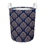 Blue And Brown Damask Pattern Print Round Laundry Basket