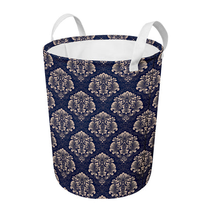 Blue And Brown Damask Pattern Print Round Laundry Basket