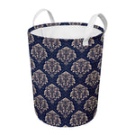 Blue And Brown Damask Pattern Print Round Laundry Basket
