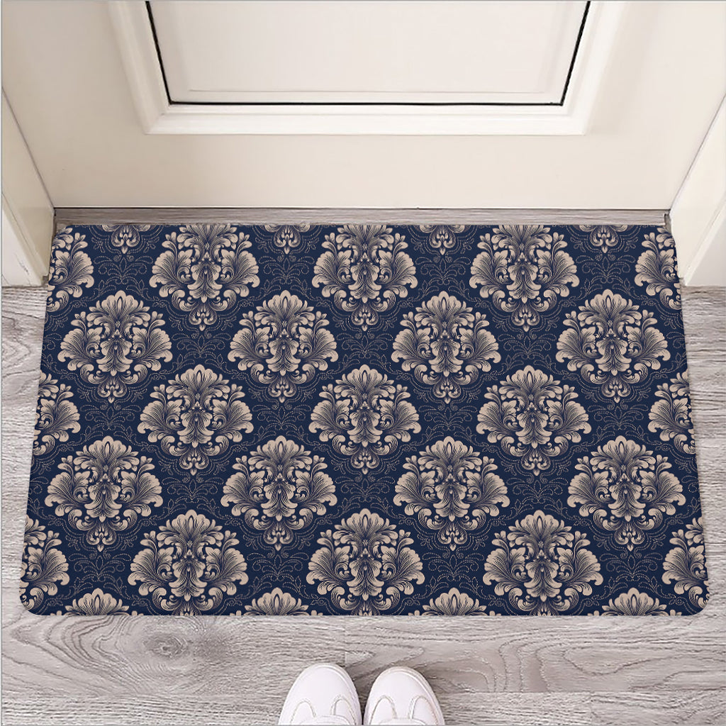 Blue And Brown Damask Pattern Print Rubber Doormat