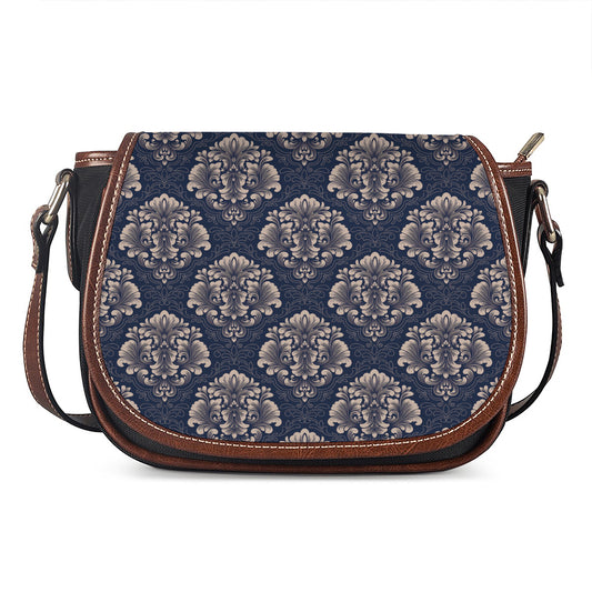 Blue And Brown Damask Pattern Print Saddle Bag