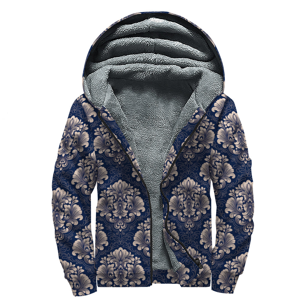 Blue And Brown Damask Pattern Print Sherpa Lined Zip Up Hoodie