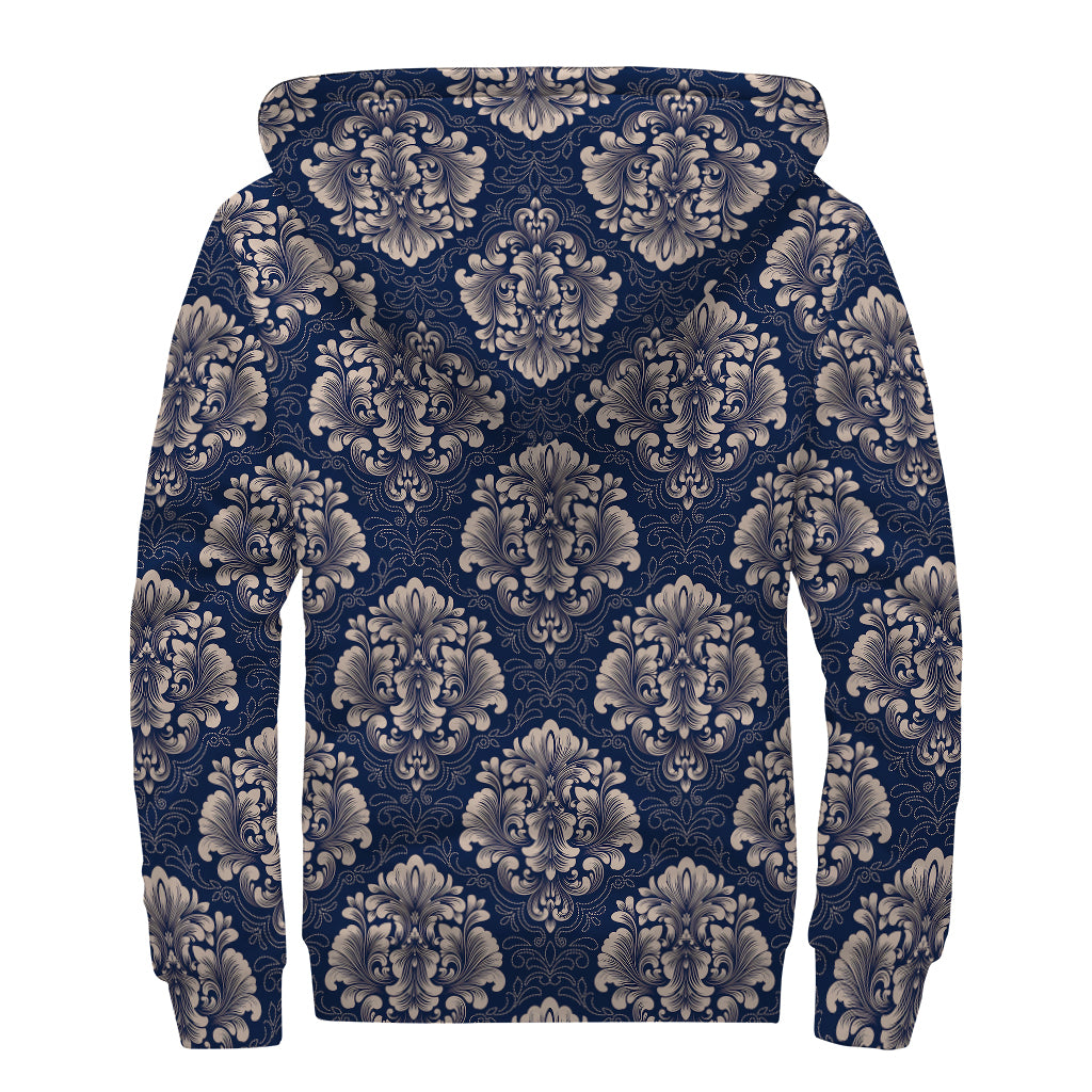 Blue And Brown Damask Pattern Print Sherpa Lined Zip Up Hoodie