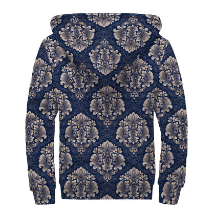 Blue And Brown Damask Pattern Print Sherpa Lined Zip Up Hoodie
