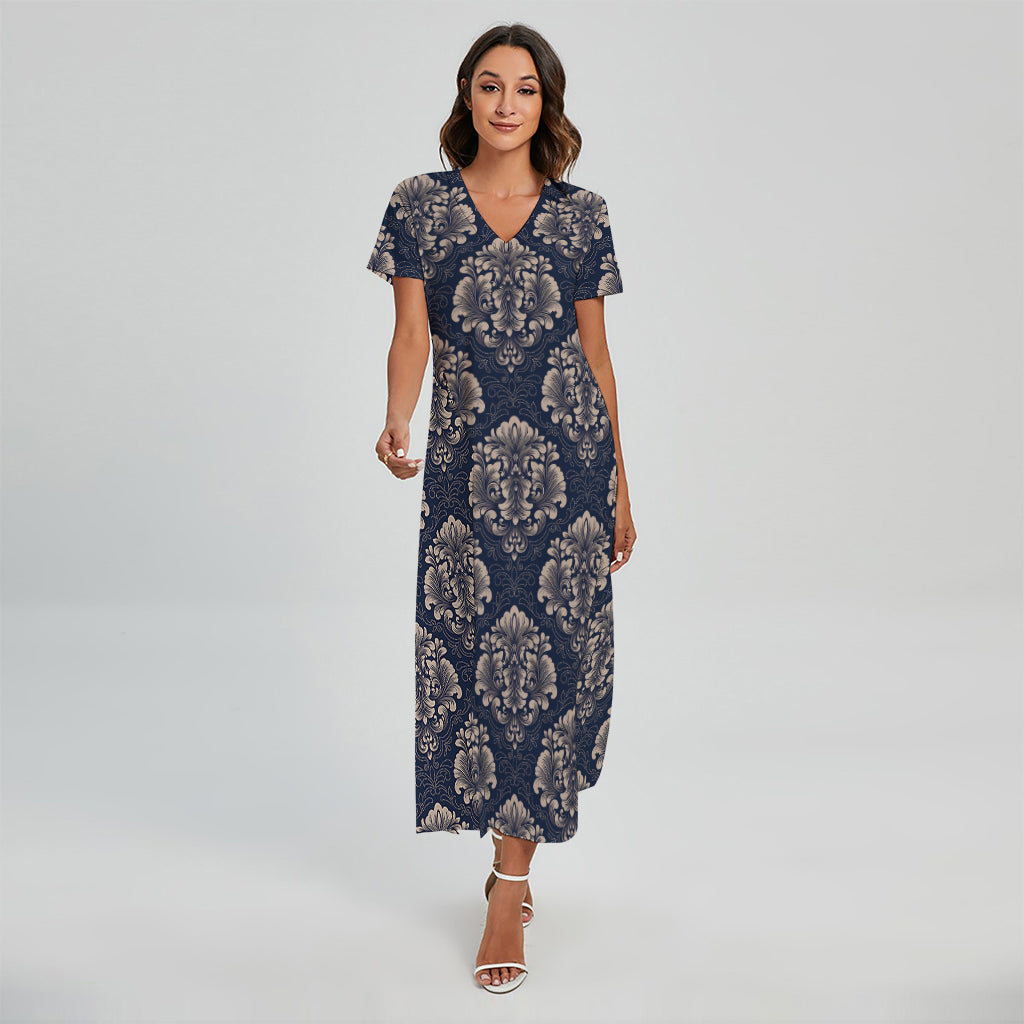 Blue And Brown Damask Pattern Print Short Sleeve Maxi Dress