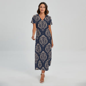 Blue And Brown Damask Pattern Print Short Sleeve Maxi Dress