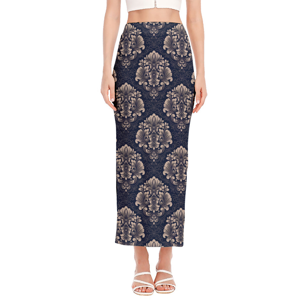 Blue And Brown Damask Pattern Print Side Slit Maxi Skirt