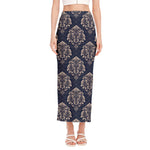 Blue And Brown Damask Pattern Print Side Slit Maxi Skirt