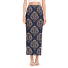 Blue And Brown Damask Pattern Print Side Slit Maxi Skirt