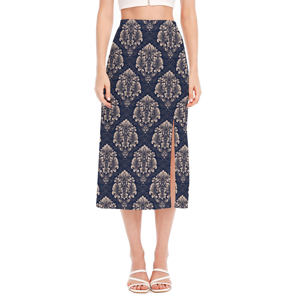 Blue And Brown Damask Pattern Print Side Slit Midi Skirt