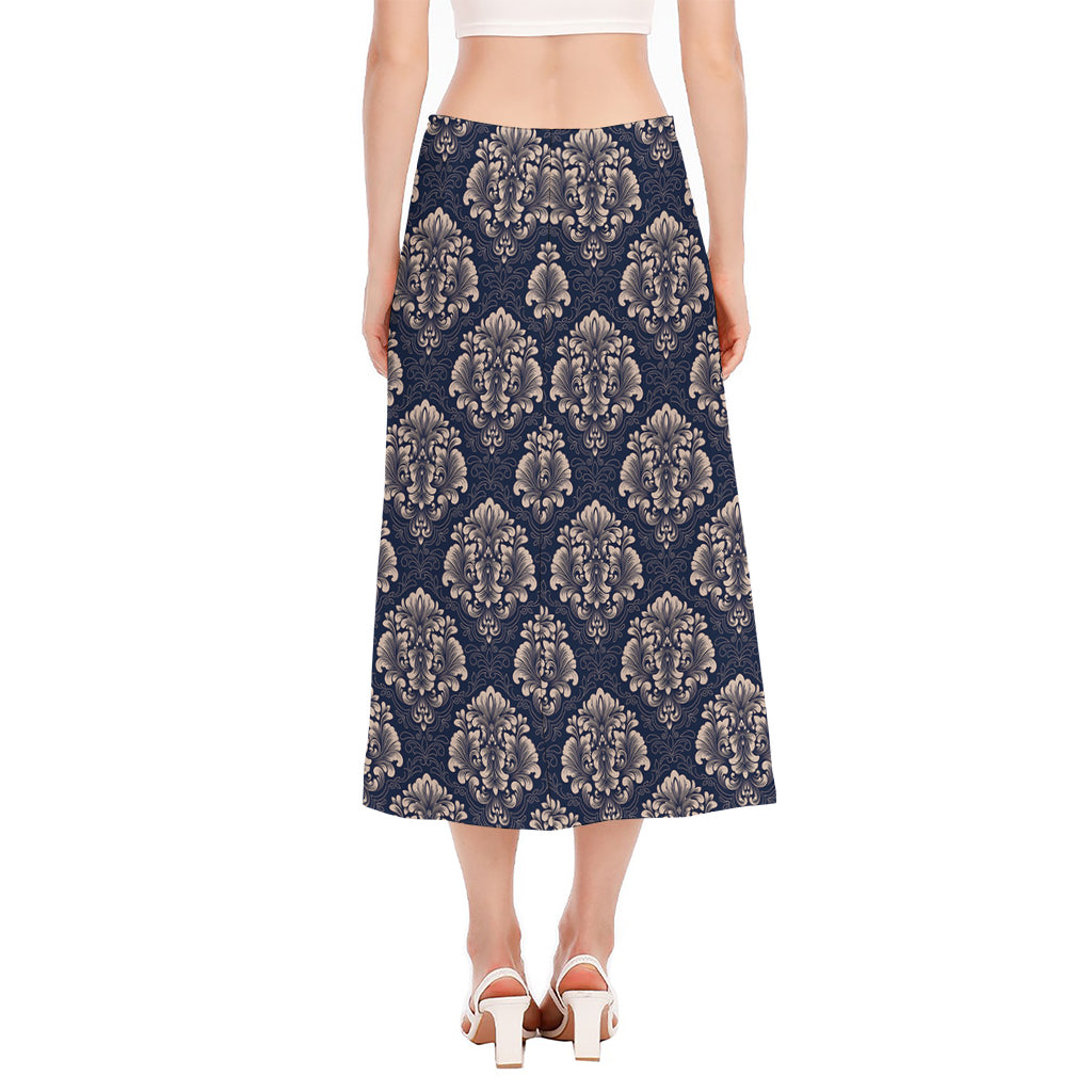 Blue And Brown Damask Pattern Print Side Slit Midi Skirt