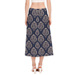 Blue And Brown Damask Pattern Print Side Slit Midi Skirt