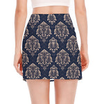 Blue And Brown Damask Pattern Print Side Slit Mini Skirt