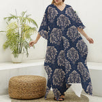 Blue And Brown Damask Pattern Print Silk V-Neck Kaftan Dress