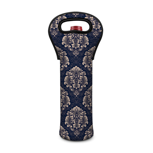 Blue And Brown Damask Pattern Print Single Neoprene Wine Tote
