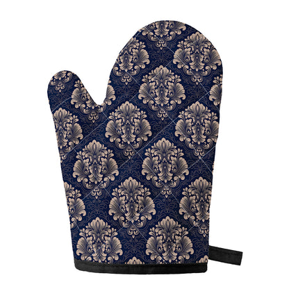 Blue And Brown Damask Pattern Print Single Oven Mitt