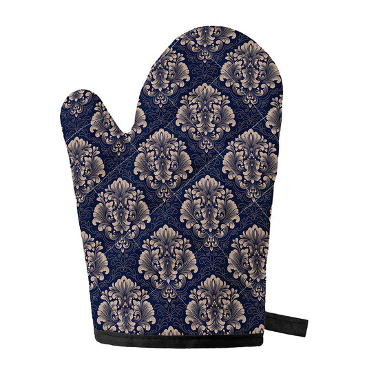 Blue And Brown Damask Pattern Print Single Oven Mitt