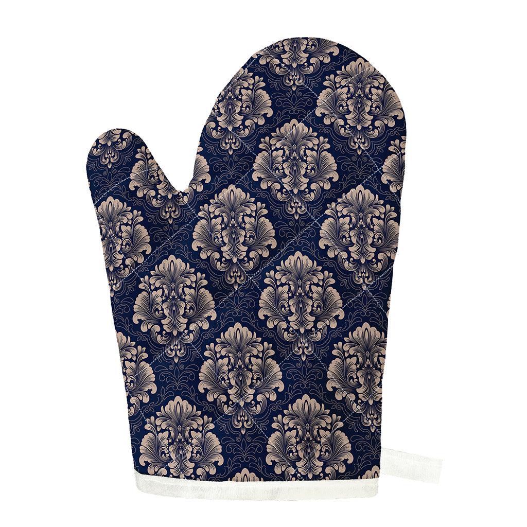Blue And Brown Damask Pattern Print Single Oven Mitt