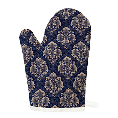 Blue And Brown Damask Pattern Print Single Oven Mitt
