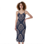 Blue And Brown Damask Pattern Print Slim Fit Midi Cami Dress