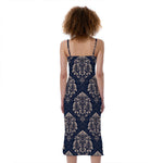 Blue And Brown Damask Pattern Print Slim Fit Midi Cami Dress