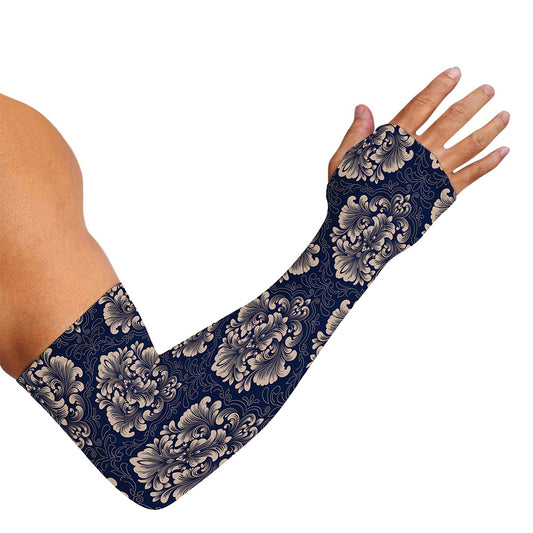 Blue And Brown Damask Pattern Print Sun Protection Arm Sleeves