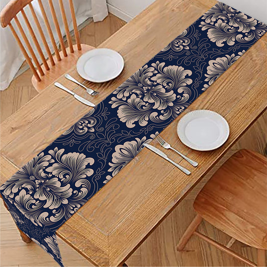 Blue And Brown Damask Pattern Print Table Runner