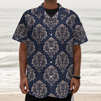 Blue And Brown Damask Pattern Print Textured Short Sleeve Shirt