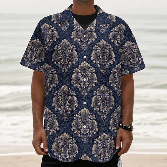 Blue And Brown Damask Pattern Print Textured Short Sleeve Shirt