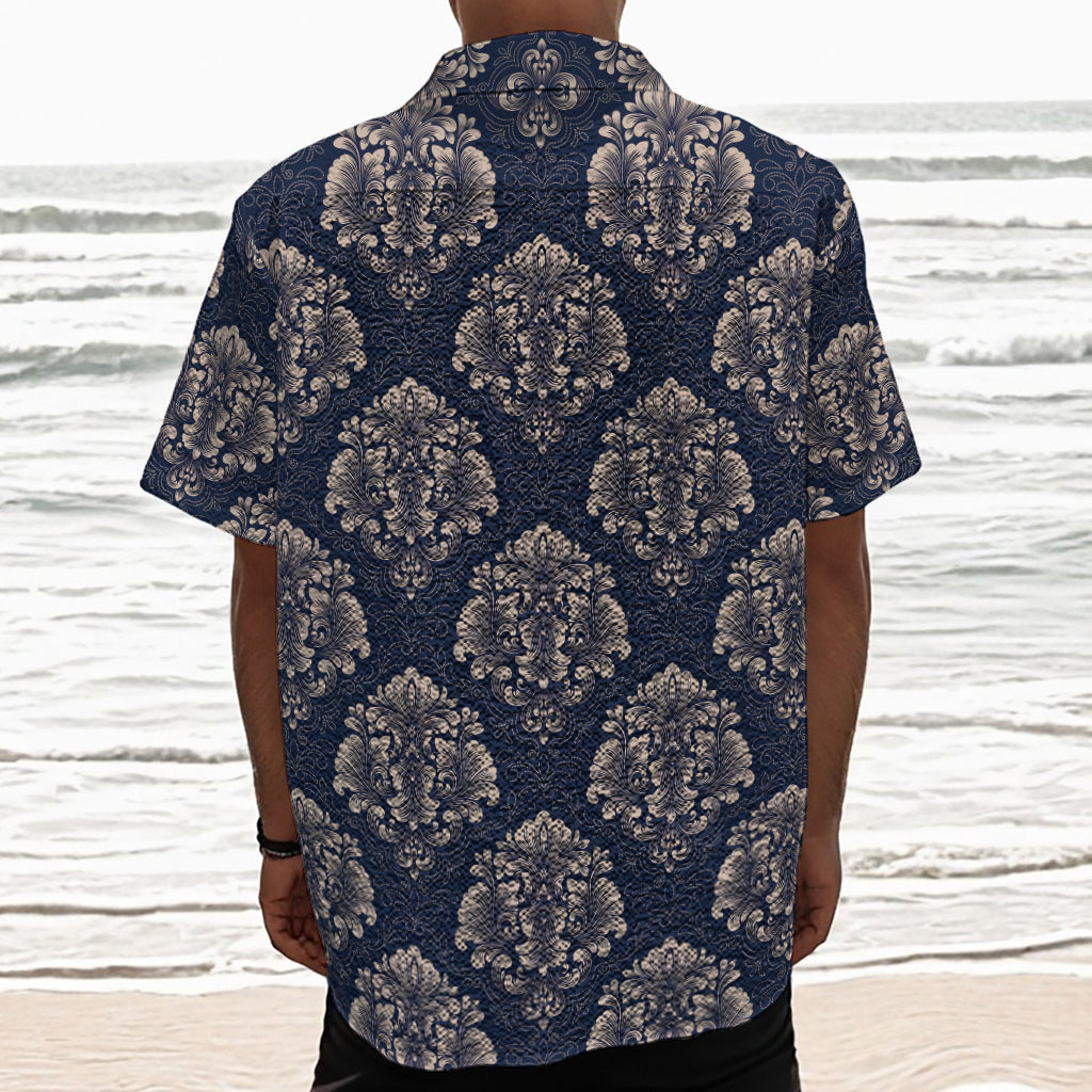 Blue And Brown Damask Pattern Print Textured Short Sleeve Shirt