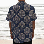 Blue And Brown Damask Pattern Print Textured Short Sleeve Shirt