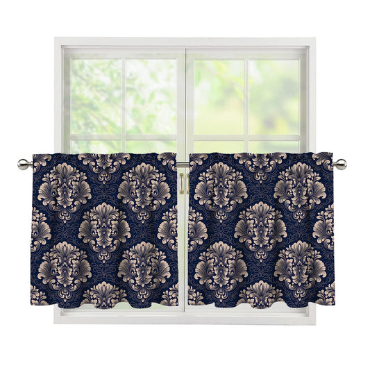 Blue And Brown Damask Pattern Print Tier Curtains