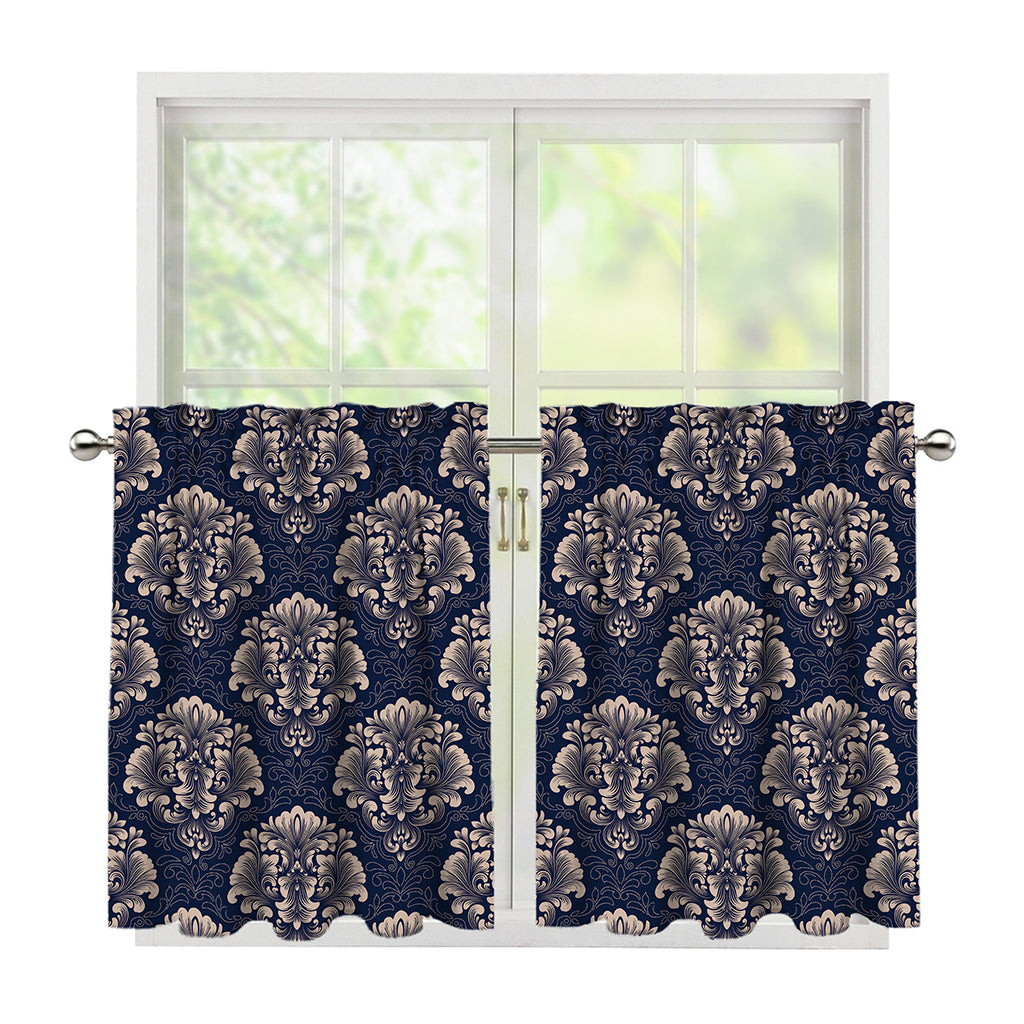 Blue And Brown Damask Pattern Print Tier Curtains