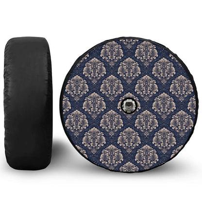 Blue And Brown Damask Pattern Print Tire Cover With Camera Hole