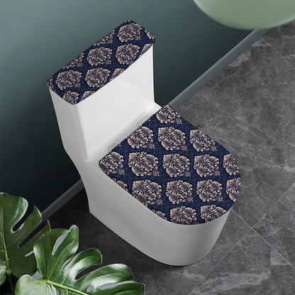 Blue And Brown Damask Pattern Print Toilet Lid And Tank Cover Set