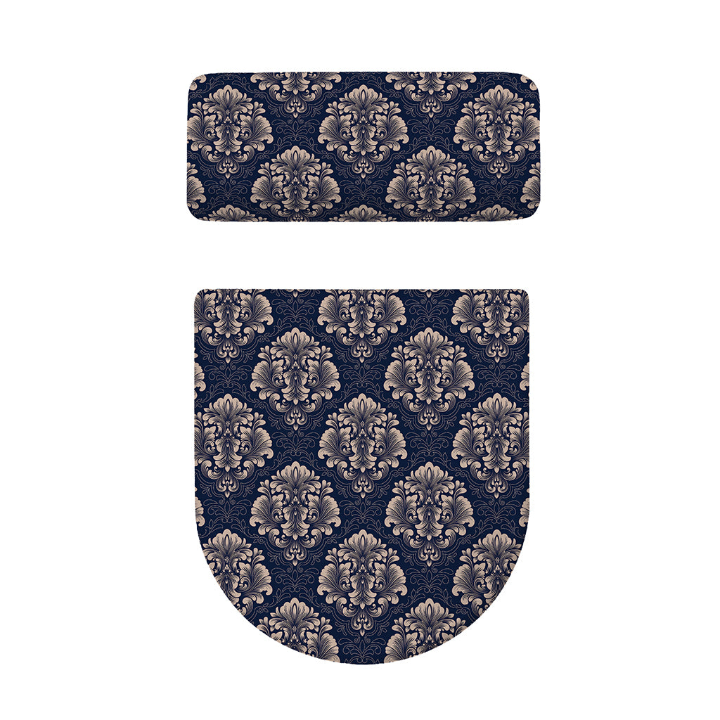 Blue And Brown Damask Pattern Print Toilet Lid And Tank Cover Set
