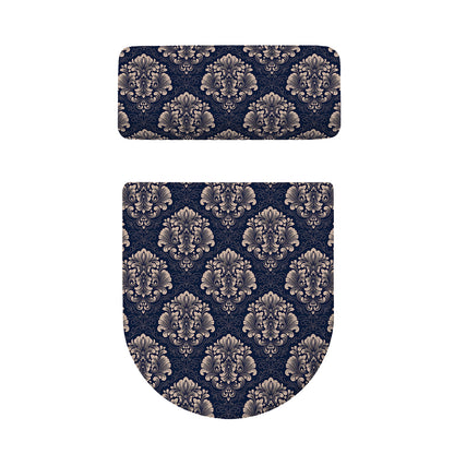 Blue And Brown Damask Pattern Print Toilet Lid And Tank Cover Set