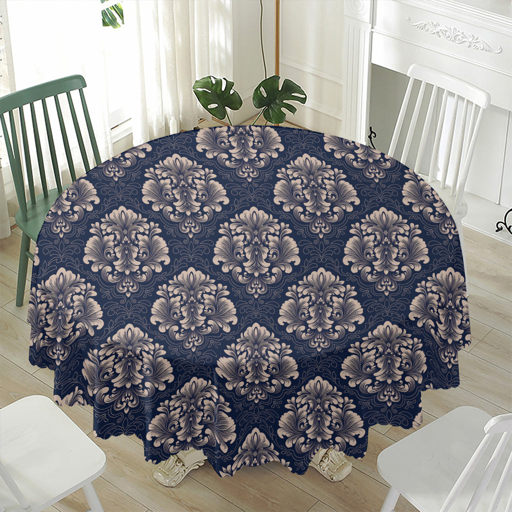 Blue And Brown Damask Pattern Print Waterproof Round Tablecloth