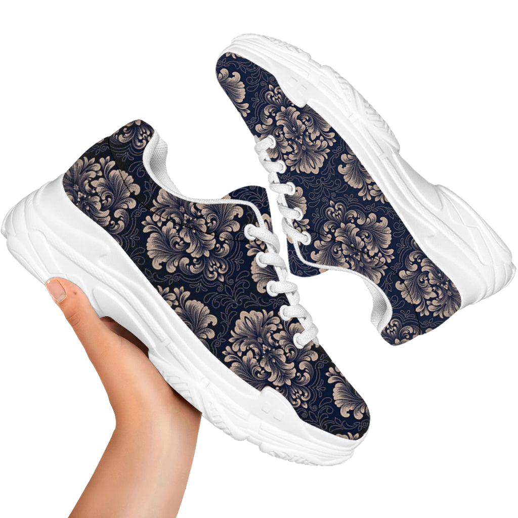 Blue And Brown Damask Pattern Print White Chunky Shoes