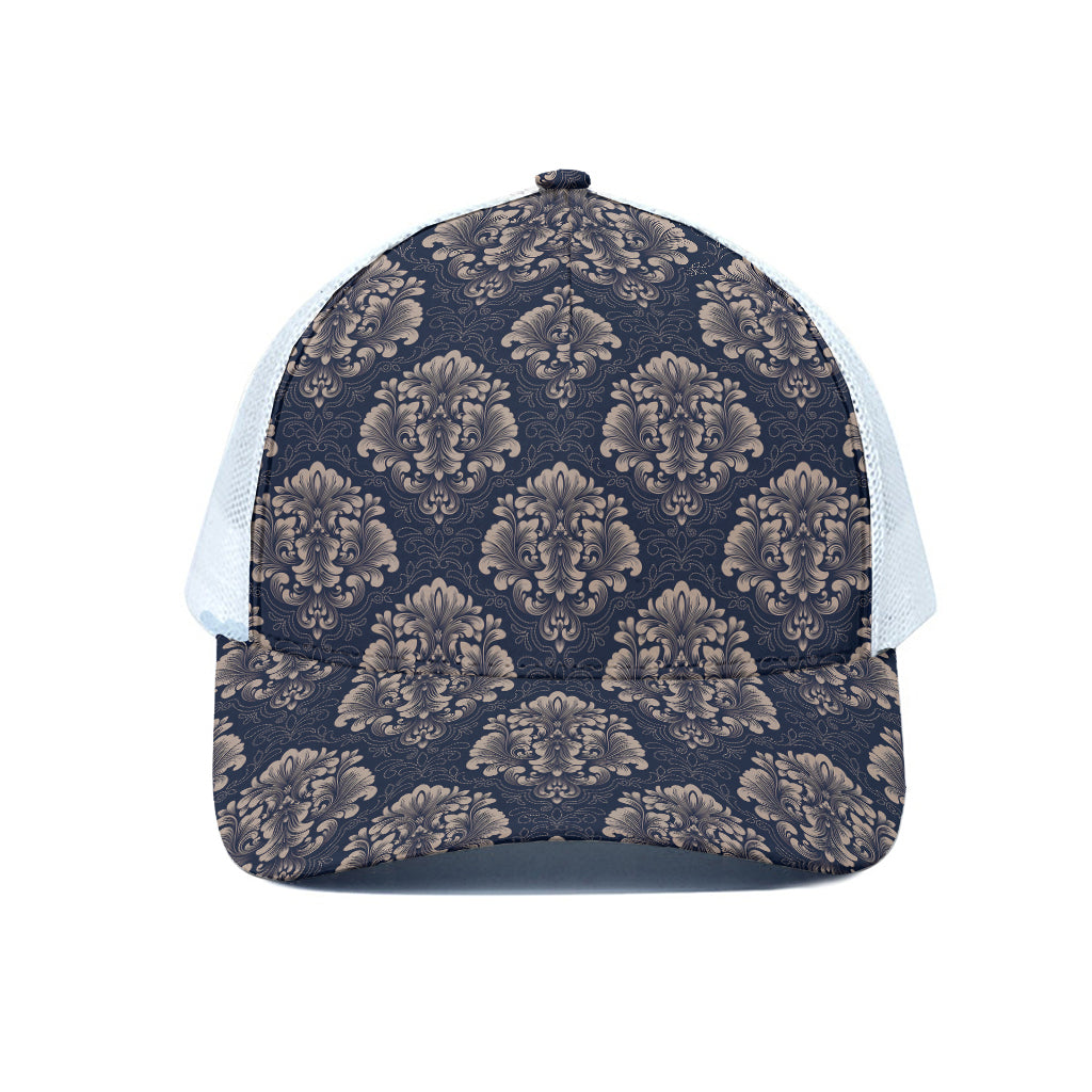 Blue And Brown Damask Pattern Print White Mesh Trucker Cap