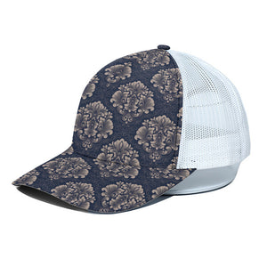 Blue And Brown Damask Pattern Print White Mesh Trucker Cap