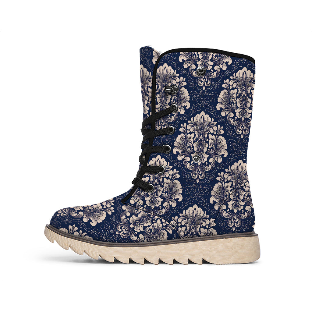 Blue And Brown Damask Pattern Print Winter Boots