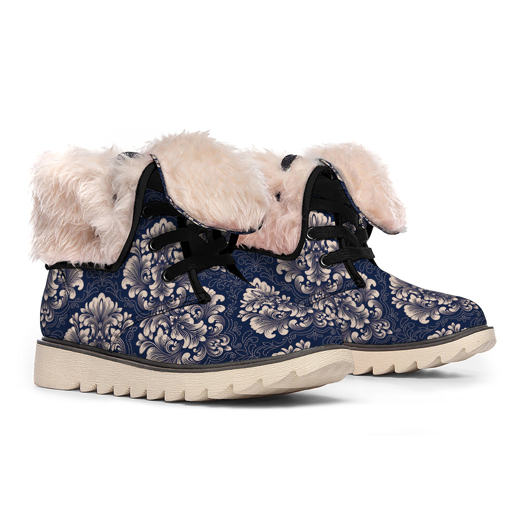 Blue And Brown Damask Pattern Print Winter Boots