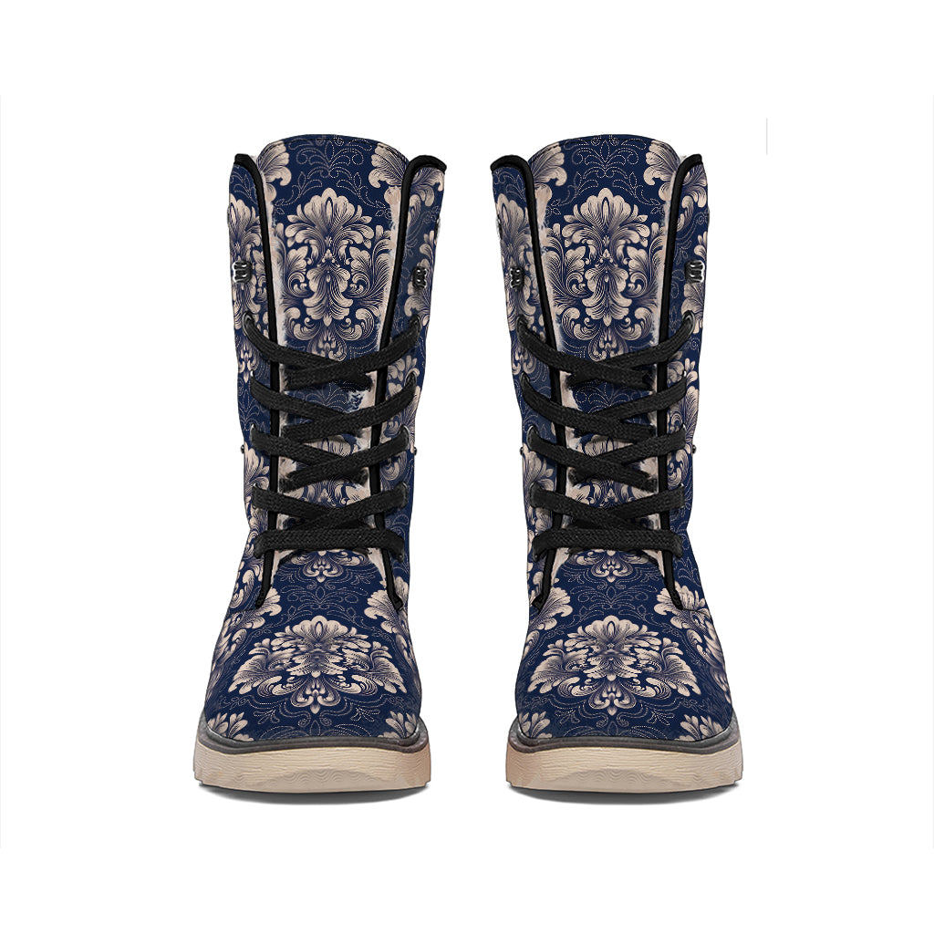Blue And Brown Damask Pattern Print Winter Boots