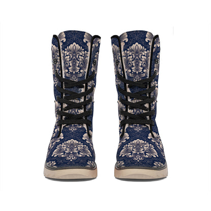 Blue And Brown Damask Pattern Print Winter Boots