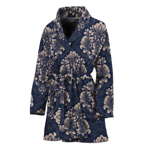 Blue And Brown Damask Pattern Print Women's Bathrobe